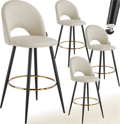 tectake® Set van 4 Barkrukken Sachel - Gestoffeerde Barkruk met rugleuning - Barstoelen - Ergonomische Barstoel met voetensteun - Eetkamerstoel met fluweellook bekleding - Stevige stalen poten met antislip vloerbescherming - Crème/Zwart