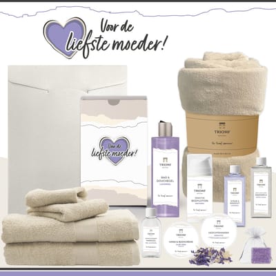 Geschenkset “Voor de liefste moeder!” - 13 producten - 2000 gram | Triomf Original - Giftset voor haar Cadeau Moederdag Luxe Wellness Pakket Vrouw Speciaal Cadeaupakket Geschenk Lieve Mama Verjaardag Kerst Kerstpakket Lavendel Gift Set Paars Beige