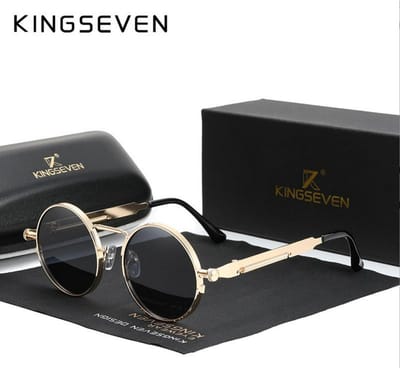 Kingseven Zonnebril - Zwarte Spiegelglazen - Rond Goud Montuur - Retro Steampunk Heren - N7579