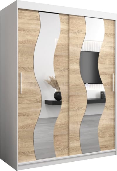InspireMe - Kledingkast met 2 schuifdeuren, Modern-stijl, Een kledingkast met planken en een spiegel (BxHxD): 150x200x62 - REESE 150 Wit Mat + Sonoma Eik