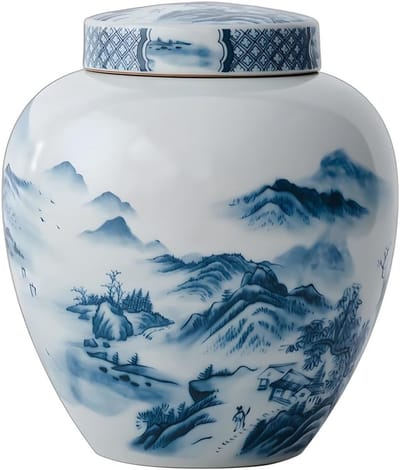 Ru oven theeblikje, keramiek verzegeld blikje, Chinees blauw en wit gebarsten theeblikje, huistheeblikje Koffiedikopslag(A)