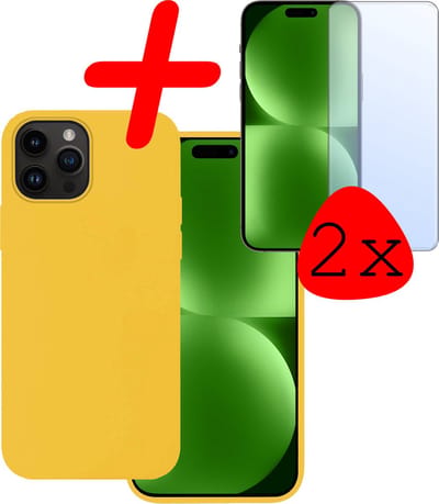 Hoesje Met 2x Screenprotector - Geschikt voor Apple iPhone 15 Pro - Sterk & Shockproof - Back Cover - Siliconen Case - Telefoon Hoes - Geel