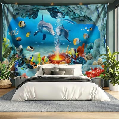Blauwe Haai Oceaan Tapijt Zwerm Haaien in Grot Onderwater Diepe Afgrond Met Blauw Zonlicht Landschap Wandkleed Voor Slaapkamer 150x130CM