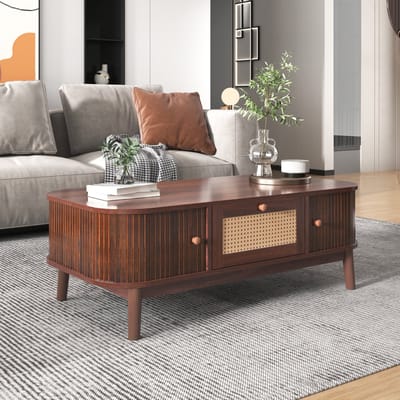Rotan Salontafel - Houten Koffietafel - Met Schuifdeuren - Lades En Opbergruimte - 50kg Draagvermogen - Voor Woonkamer - 110x55x38,5cm - Walnoot