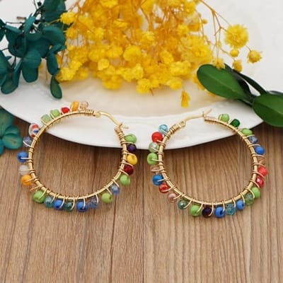 Kristallen Oorbel Voor Vrouwen Boho Sieraden Trendy Natuursteen Parel Sieraden Boheemse Oorring Gouden Cirkel Hoepel Oorbellen yellow