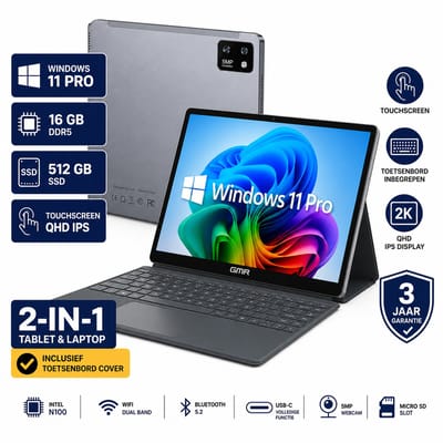 Windows Tablet 16 Inch Touchscreen - 16GB DDR5 - 512GB SSD - Inclusief Toetsenbord - 2-in-1 Laptop voor Werk, Studie, Reizen, Vakantie, Films en Entertainment - QHD IPS