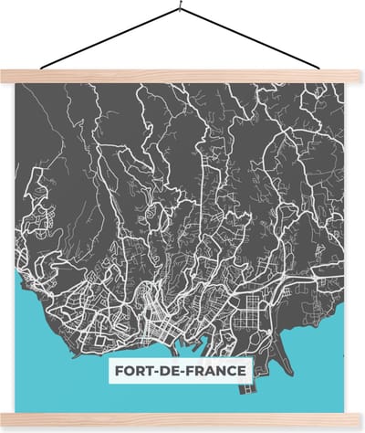 Posterhanger incl. Poster 40x40 cm - Schoolplaat - Kaart - Frankrijk - Stadskaart - Plattegrond - Fort-de-France - Textielposter - Blanke latten - Stadskaart