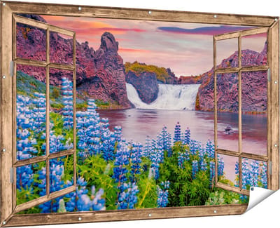 Gards Tuinposter Doorkijk Waterval met Blauwe Lupine Bloemen - 180x120 cm - Tuindoek - Tuindecoratie - Wanddecoratie buiten - Tuinschilderij