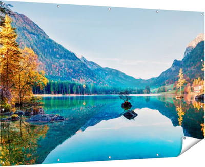 Gards Tuinposter Meer met Herfstbomen - 180x120 cm - Tuindoek - Tuindecoratie - Wanddecoratie buiten - Tuinschilderij