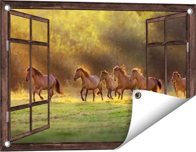 Gards Tuinposter Doorkijk Kudde Bruine Paarden in de Wei - 60x40 cm - Tuindoek - Tuindecoratie - Wanddecoratie buiten - Tuinschilderij