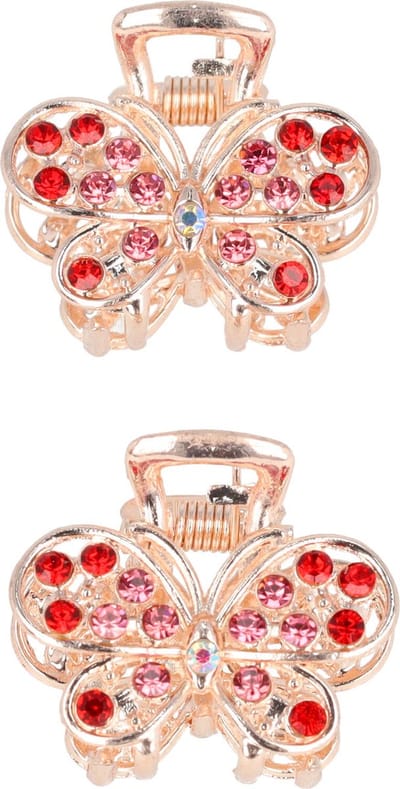 Haarsoires Haarspeld Haarklemmen 2cm – Vlindervorm met Steentjes – Metaal – Roze Rood – Set van 2 - Haarclip Klem - Hair Claw - voor Opsteken Haar - Hair Clip - Decoratieve Haaraccessoire