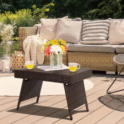 Inklapbare Rattan Tuintafel Bijzettafel Balkon Tafel - Weerbestendig & Ruimtebesparend - Staalframe 45kg Draagkracht - Geen Montage - Outdoor Balkon Tuin Camping Koffietafel