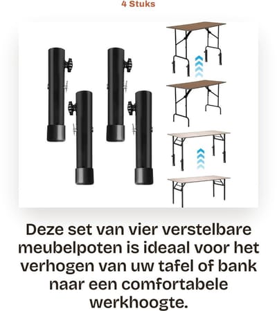 Dailygoods- Tafelpootverlengingen - Inklapbaar - Verstelbaar - Hoogte 9,2 cm/20 cm - Set van 4 - Robuust en duurzaam - Meubelpoten