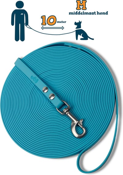 Miqdi lange lijn - BioThane® - lichtblauw - 10 meter lang – 13mm breed – M – middelmaat hond – lange hondenriem