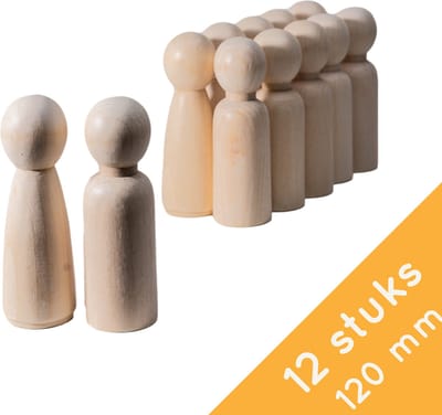 Homium Peg dolls 12 stuks man/vrouw - 120mm - Blanco houten poppetjes - pionnen - familieopstelling