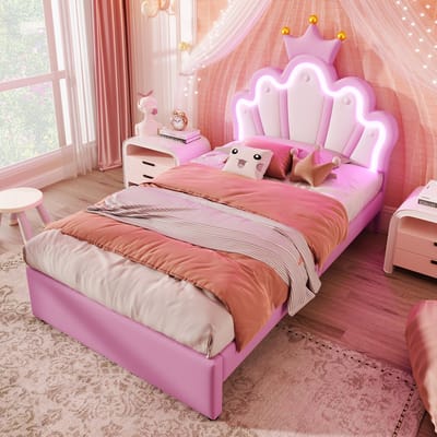 DESMIU Gestoffeerd Bed 90x200cm – Kinderbed Met Verstelbaar Hoofdeinde – Kronenontwerp Met 2 Lades – Voor Slaapkamer – Pu En Mdf – Roze – Zonder Matras