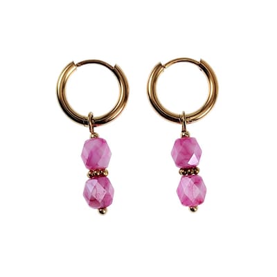 ∅14mm Oorbellen Dames - Verguld RVS - Oorringen met Roze Glaskralen Hanger