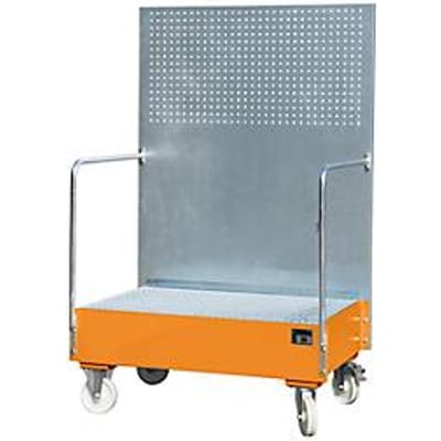 Verrijdbare lekbak, van staal, 215 l opvangvolume voor 2 x 200 liter vaten, rood gelakt