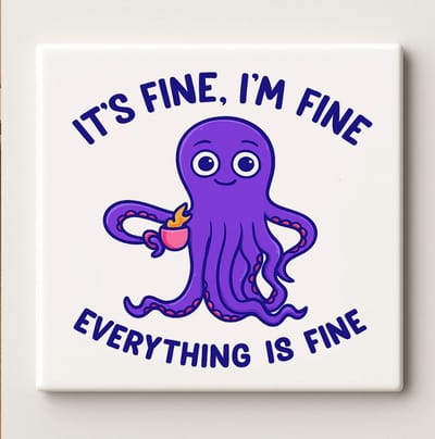 It’s Fine I’m Fine Everything Is Fine Keramische Tegel 15x15 cm – Grappig Octopus met Koffie Ontwerp – Humoristische Wanddecoratie voor Huis & Kantoor