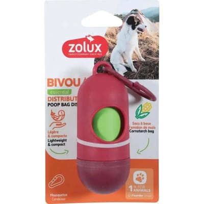 Poepzakhouder ZOLUX - Rood 4x4x14 cm - Inclusief 15 Biologisch Afbreekbare Poepzakjes, Lichtgewicht met Karabijnhaak