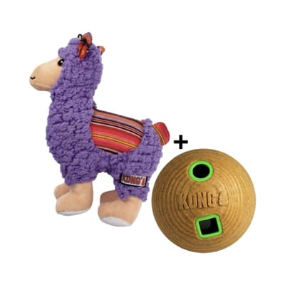 Combideal: Kong Sherps Lama Pluche 21 cm + Kong Bamboo Voerbal 12 cm