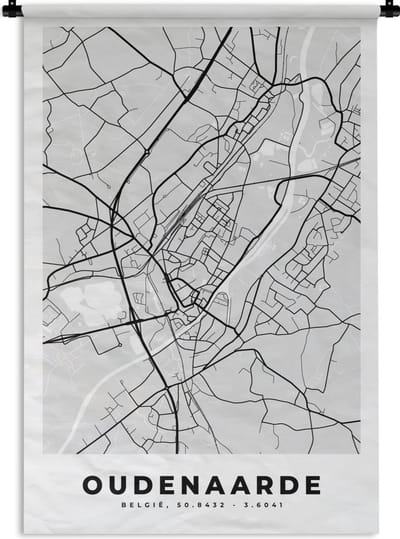 Wandkleed - Wanddoek - Zwart Wit – België – Plattegrond – Stadskaart – Kaart – Oudenaarde - 120x180 cm - Wandtapijt