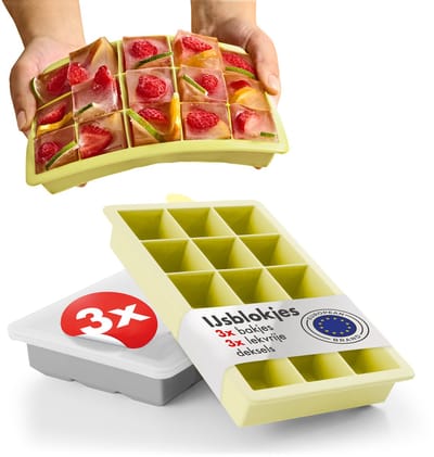 Blumtal IJsblokjesvorm Idun Set van 3 - 15 ijsblokjes - Siliconen ijsblokjesvorm met deksel - IJsblokjesvorm Kubusvorm - BPA-vrij - Grijs + Geel