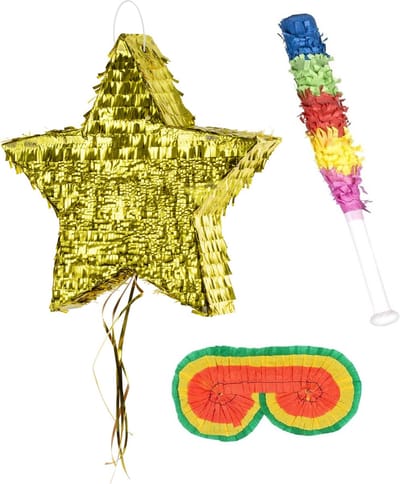 PartyDeco - Verjaardag Pinata Ster goud - 44 x 42 cm - set met stok en masker