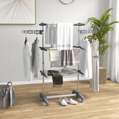 MODFU - Droogrek inklapbaar met 3 niveaus en wielen - 142×55×152 cm - Kledingrek voor binnen - Met zijstang en opbergruimte - Grijs staal