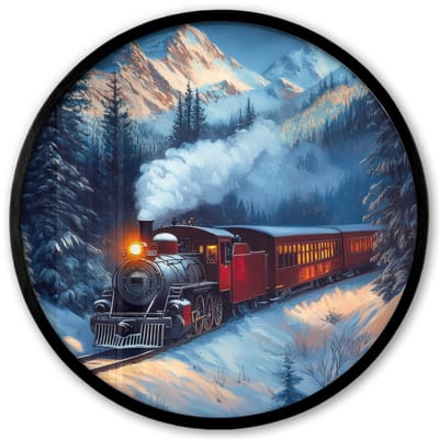 Poster in lijst Rond - Fotolijst 40x40 cm - Posters - Trein - Kerst - Sneeuw - Kersttrein - Ronde posterlijst zwart - Decoratie - Wanddecoratie woonkamer - Kerstdecoratie voor binnen - Kerstversiering - Kerstmis versiering in huis - Kerstaccessoires