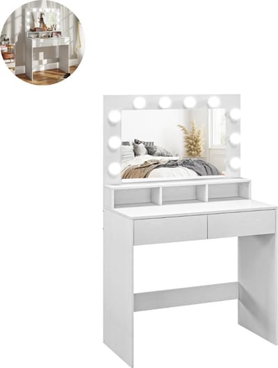 Kaptafel met spiegel - Make up tafel - Make up - Toilettafel - Met lades - 80B x 40D x 135H cm - Wit