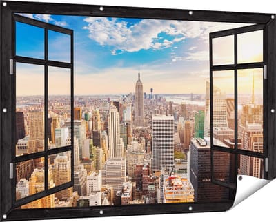 Gards Tuinposter Doorkijk New York Manhattan tijdens Zonsondergang - 150x100 cm - Tuindoek - Tuindecoratie - Wanddecoratie buiten - Tuinschilderij