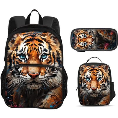 Tijger ronde voorzak, rugzak, etui, koelelement, 3-delige set, dierenprint, beste cadeau voor schoolverjaardagen van jongens en meisjes