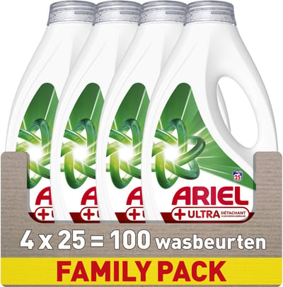 Ariel Vloeibaar Wasmiddel +Ultra Vlekverwijdering - 4 x 25 Wasbeurten