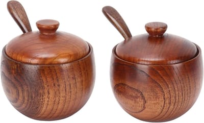 Set van 2 Houten Kruidensets met Lids en Lepels, Ideaal voor Zout, Peper en Suikeropslag, Japanse Stijl Kruidensilo's voor Keuken en Koken
