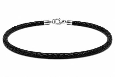 AuBor ®. Gevlochten leren ketting met zilveren sluiting. Zwart. 4mm × 38cm
