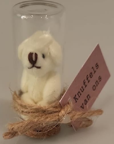 Knuffels van ons! Dit schattige beertje maakt deze boodschap nog specialer. Het mini knuffel beertje zit in een glazen stolpje circa 6 cm hoog op een kurk. Een speciaal geschenk wat het hele jaar door gegeven kan worden.