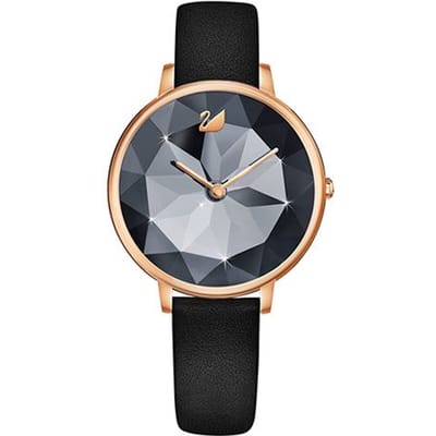 Swarovski Crystal Lake Horloge Kwarts Uurwerk Leren Band Zwarte Wijzerplaat Elegante Mode Zwart Horloge Dameshorloges 5416009 Black Dial gray
