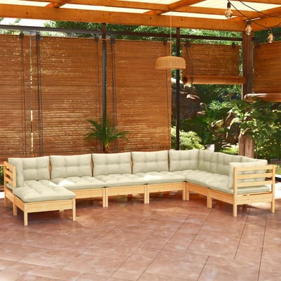 vidaXL - 8-delige - Loungeset - met - crèmekleurige - kussens - massief - grenenhout