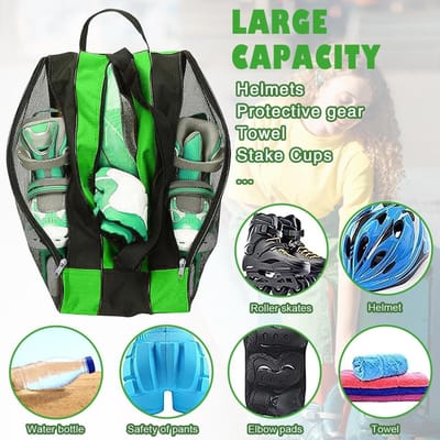 Skates Bag voor volwassenen, Groen, Geschikt voor ijshockeyschaatsen en ski's, Met verstelbare draagriem en ruime opbergruimte