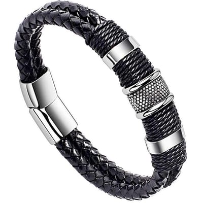 Victorious Leren Armband Heren – Dubbel Leer & RVS Roestvrij Staal– Zwart/Zilver – 21cm