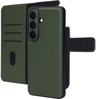 Mobiparts hoesje geschikt voor Samsung Galaxy S26 - Wallet 2-in-1 Boekhoesje - MagSafe - Echt Leder - Uitneembare Case - Sterke Magneet Sluiting - Contactloos betalen - Groen