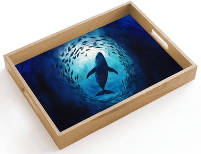 Dienblad hout 40x30 cm - Schootdienblad - Walvis - Vissen - Donkerblauw - Borrelplank rechthoek - Plateau dienbladen