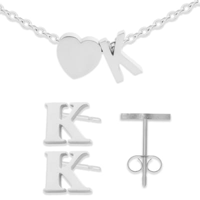 Initiaal Armband & Oorbellen set met Letter K Zilverkleurig - Stainless Steel - Met letter & Hartje! - 2x Sieraden Cadeau - Pax Amare