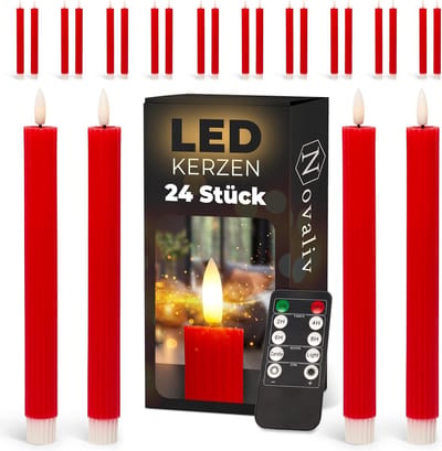 LED-kaarsen, 24 stuks, echte was, geribbeld, rood - met timerfunctie, 6 uur - 23 cm hoog voor kaarsen, 2,2 cm diameter, 2 AAA-batterijen vereist. LED-kaarsen, set van 2, 6x rode bewegende vlamlamp.