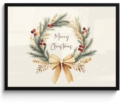 Poster in lijst - Fotolijst 70x50 cm - Posters - Kerstkrans - Kerst - Goud - Beige - Posterlijst zwart - Decoratie - Wanddecoratie woonkamer - Kerstdecoratie voor binnen - Kerstversiering - Kerstmis versiering in huis - Kerstaccessoires