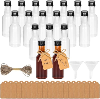 Set van 18 Mini Flessen voor Likeur, 50 ml Kleine Flessen met 2 Mini Trechters, 18 Kraft Papieren Labels en 5 m Jute Touw, Ideaal voor Bruiloften en Feestjes