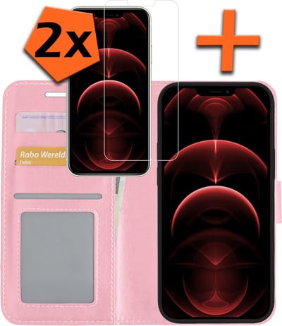 Hoes - Met 2x Screenprotector - Geschikt voor Apple iPhone 13 Mini - Luxe Pasjeshouder - Bookcase Portemonee - Flip Case - Kunstleer Book Case - Flipcase Hoes - Book Cover - Walletcase - PortemonneeHoes - Lichtroze