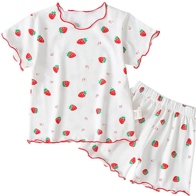 Baby Meisje Aardbei Pyjama Set Zomer Korte Mouw Dunne Twee Delig Peuter Kinderen Slaapkleding Baby Huispak Kleding Size 120 (5-6Years) white