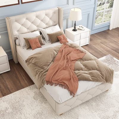 REDOM Bedframe 90x200 cm – Linnen beige – Met knoop-tufting & siernagels – Houten poten